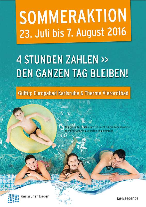 Sommeraktion Karlsruhe Schwimmbad Für vier Stunden zahlen, aber den ganzen Tag genießen und entspannen? Das bieten Europabad und Therme Vierordtbad in ihrer Sommeraktion vom 23. Juli bis zum 7. August 2016 (Foto: Stadt Karlsruhe)