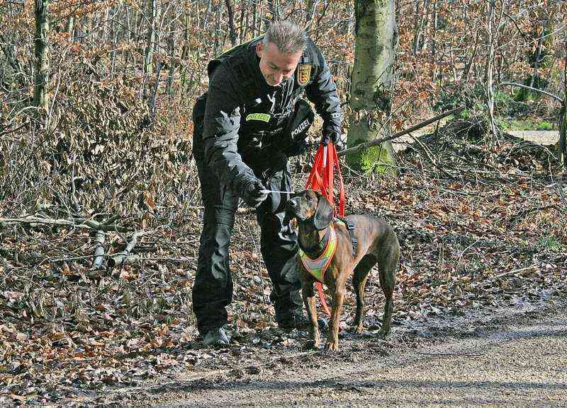 Polizeioberkommissar Oliver Baret mit seiner Personenspürhündin Stella