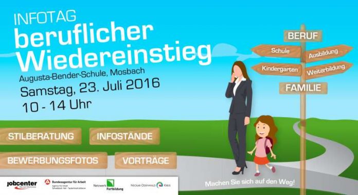 Das Jobcenter Neckar-Odenwald, die Agentur für Arbeit Schwäbisch Hall-Tauberbischofsheim, das Landratsamt Neckar-Odenwald-Kreis und das Netzwerk für berufliche Fortbildung laden am Samstag, 23. Juli zum ersten Infotag „Beruflicher Wiedereinstieg“ ein.