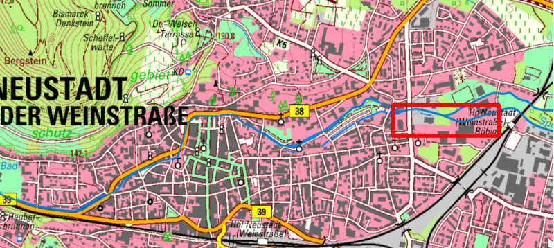 Renaturierung Speyerbach - Grünzug Böbig - Planungsbereich rot umrandet (Foto: SGD Süd)