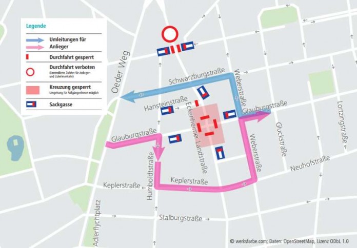 Skizze „Anliegerverkehr während der Vollsperrung der Kreuzung Eckenheimer Landstraße/Glauburgstraße“ (Foto: Stadt Frankfurt am Main)