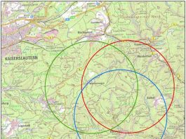 Die Karte verdeutlicht die ungefähren Aktionsräume der drei Luchse, generalisiert auf einen Kreis mit 5 km Radius mit Stand Mitte letzter Woche. (Foto: Stiftung Natur und Umwelt Rheinland-Pfalz Projektbüro LIFE Luchs)