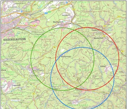 Die Karte verdeutlicht die ungefähren Aktionsräume der drei Luchse, generalisiert auf einen Kreis mit 5 km Radius mit Stand Mitte letzter Woche. (Foto: Stiftung Natur und Umwelt Rheinland-Pfalz Projektbüro LIFE Luchs)