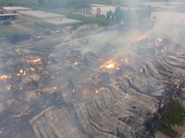 Die Halle des Holzfachhandels in der Lotschstraße wurde durch das Feuer komplett zerstört. (Foto: Stadt Landau in der Pfalz)