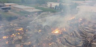 Die Halle des Holzfachhandels in der Lotschstraße wurde durch das Feuer komplett zerstört. (Foto: Stadt Landau in der Pfalz)