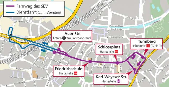 Fahrweg des Schienenersatzverkehrs am 11. September 2016 (Grafik: VBK) Fahrweg des Schienenersatzverkehrs am 11. September 2016 (Grafik: VBK)