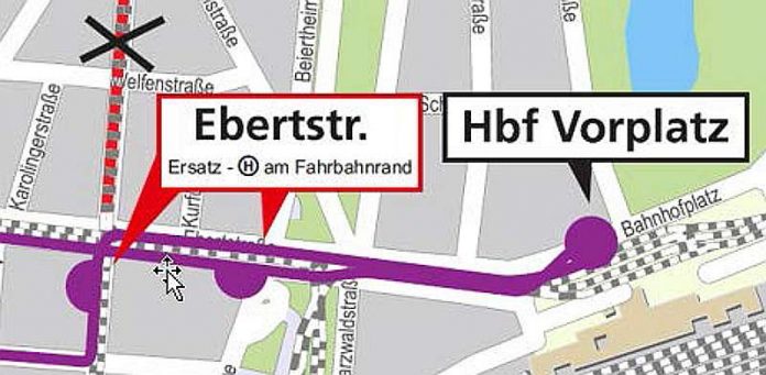 Ersatzhaltestellen der Buslinien 50, 55 und 62 an der Ebertstraße (Grafik: VBK)