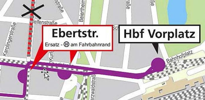 Ersatzhaltestellen der Buslinien 50, 55 und 62 an der Ebertstraße Ersatzhaltestellen der Buslinien 50, 55 und 62 an der Ebertstraße (Grafik: VBK)