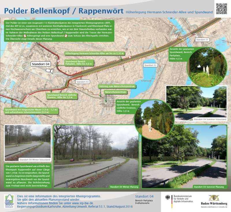 Auf dieser Informationstafel nahe der Straßenbahn-Endhaltestelle Rappenwört ist die die geplante Spundwand visualisiert. Darin ist der vorgesehene Trassenverlauf am Rande des Rheinparks weitgehend am Waldrand beziehungsweise im Wald und die Bepflanzung von immergrünem Buschwerk vor der Spundwand zu erkennen. Es ist auch eine Begrünung der Spundwand selber vorgesehen. Die Sichtbeziehung zur Eiswiese und zum Freibad wird hierdurch nicht beeinträchtigt. (Foto: Regierungspräsidium Karlsruhe)