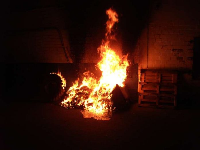 Die Feuerwehr Bad Kreuznach verhinderte ein Übergreifen des Brandes auf das Dach des Gewerbegebäudes (Foto: Feuerwehr Bad Kreuznach)