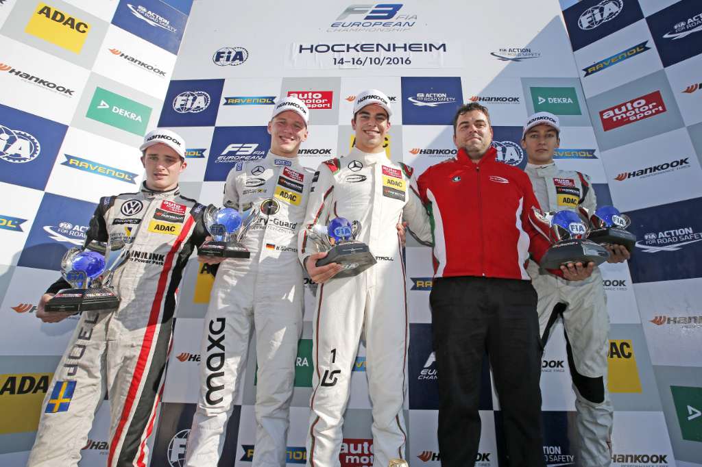 Prize giving ceremony of the 2016 Championship, 22 Joel Eriksson (SWE, Motopark, Dallara F312 - Volkswagen), 17 Maximilian Günther (DEU, Prema Powerteam, Dallara F312 – Mercedes-Benz), 1 Lance Stroll (CAN, Prema Powerteam, Dallara F312 - Mercedes-Benz)