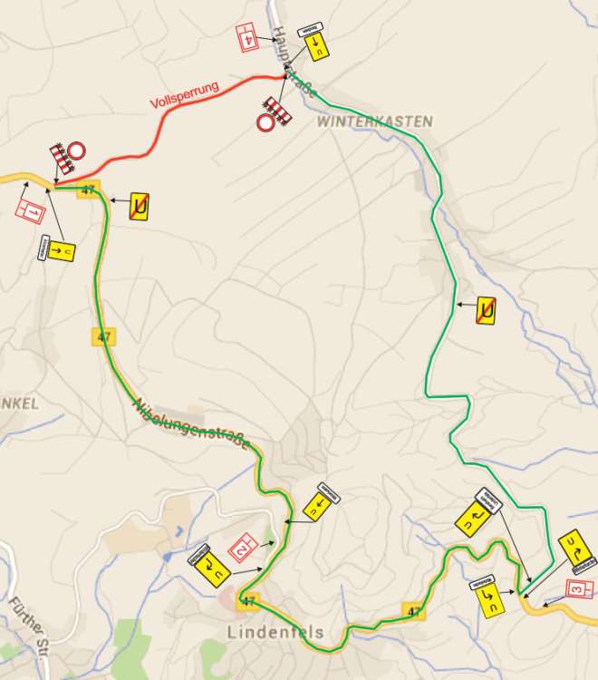 Der Durchgangsverkehr wird mit einer überörtlichen Umleitungsstrecke über die B47 nach Lindenfels und von dort aus über die L3399 und zurück umgeleitet (Quelle: Hessen Mobil)