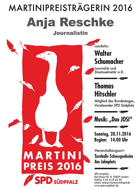 Anja Reschke erhält den Martinipreis 2016 der SPD Südpfalz