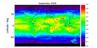 Globale Karte der auf den Maximalwert norminierten UV-Monatsdosis für den September 2008 (Foto: DLR - CC-BY 3.0)