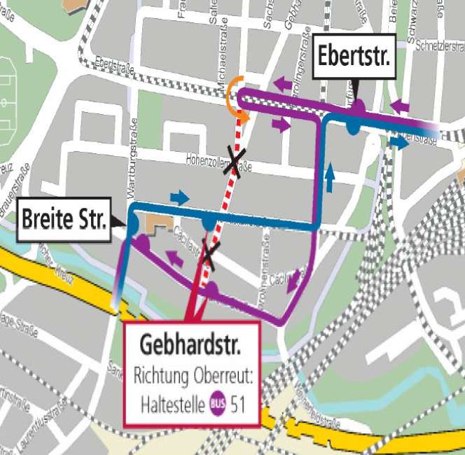 Umleitungsroute der Buslinie 50 (Grafik: VBK) Umleitungsroute der Buslinie 50 (Grafik: VBK)