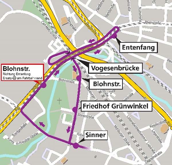 Umleitung der Buslinie 60 (Grafik: VBK) Umleitung der Buslinie 60 (Grafik: VBK)