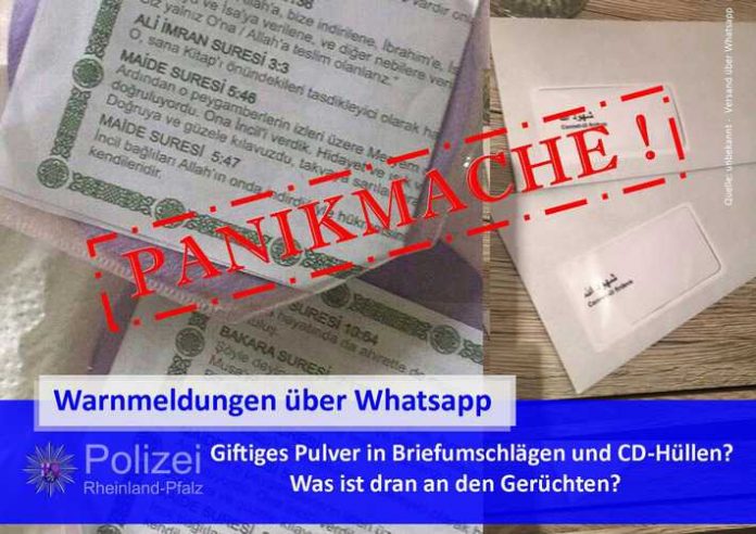 Fotos dieser Art kursieren derzeit über Whatsapp und verbreiten falsche Warnmeldungen vor angeblichen Postsendungen, die giftiges Pulver enthalten sollen. Aber: Das ist Panikmache! Fotos dieser Art kursieren derzeit über Whatsapp und verbreiten falsche Warnmeldungen vor angeblichen Postsendungen, die giftiges Pulver enthalten sollen. Aber: Das ist Panikmache!