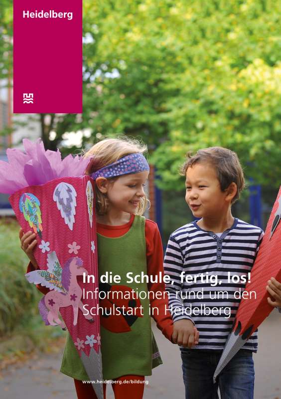 Titel der Broschüre „In die Schule, fertig, los! – Informationen rund um den Schulstart in Heidelberg (Foto: Peter Dorn/Grafik: Stadt Heidelberg)