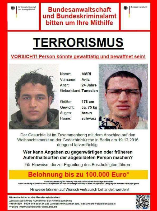 Fahndungplakat - gesucht wird der Tunesier Anis AMRI (Quelle: BKA)