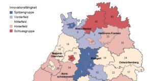 Innovationsindex 2016 für die Stadt- und Landkreise Baden-Württembergs (Quelle: Statistisches Landesamt Baden-Württemberg, Stuttgart, Jahr Kartengrundlage GfK GeoMarketing GmbH, Karte erstellt mit RegioGraph 2015)