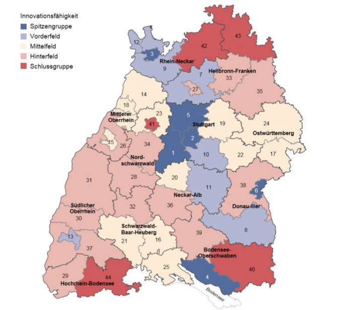 Innovationsindex 2016 für die Stadt- und Landkreise Baden-Württembergs (Quelle: Statistisches Landesamt Baden-Württemberg, Stuttgart, Jahr Kartengrundlage GfK GeoMarketing GmbH, Karte erstellt mit RegioGraph 2015) Innovationsindex 2016 für die Stadt- und Landkreise Baden-Württembergs (Quelle: Statistisches Landesamt Baden-Württemberg, Stuttgart, Jahr Kartengrundlage GfK GeoMarketing GmbH, Karte erstellt mit RegioGraph 2015)
