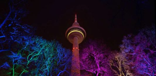 Der Mannheimer Fernmeldeturm, davor illuminierte Bäume (Foto: Holger Knecht)