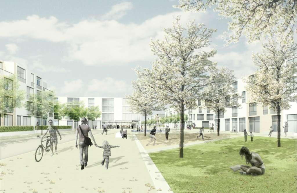 Wohngebiet Hilgenfeld, Quartiersplatz, Visualisierung (Quelle: Thomas Schüler Architekten)