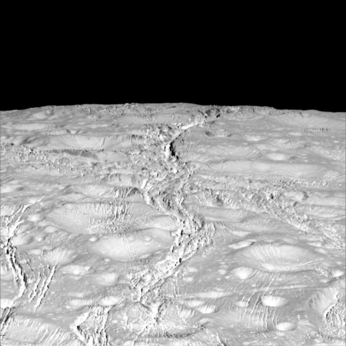 Eisproben von der Oberfläche Saturn-Mondes Enceladus auf der Erde zu untersuchen, das ist Prof. Frank Brenkers Traum von der Zukunft der Weltraumforschung. (Foto: NASA/JPL-Caltech/Space Science Institute)