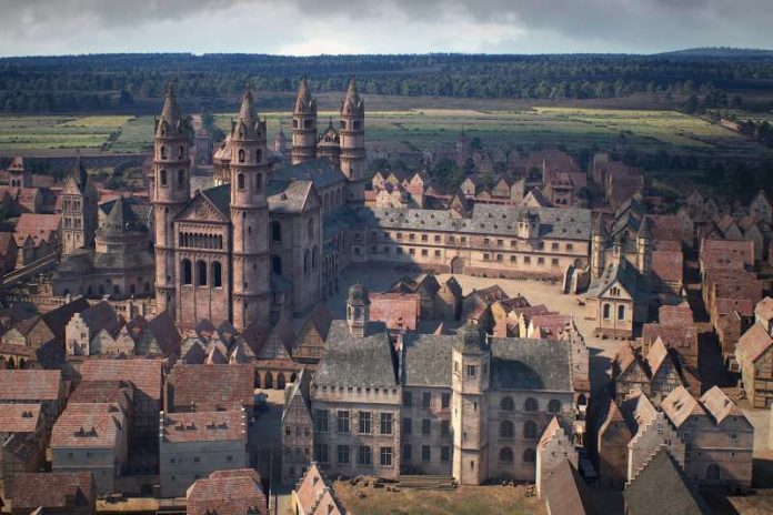 Wormser Dom und Bischofshof vor 1689 (3D-Visualisierung von FaberCourtial) Wormser Dom und Bischofshof vor 1689 (3D-Visualisierung von FaberCourtial)