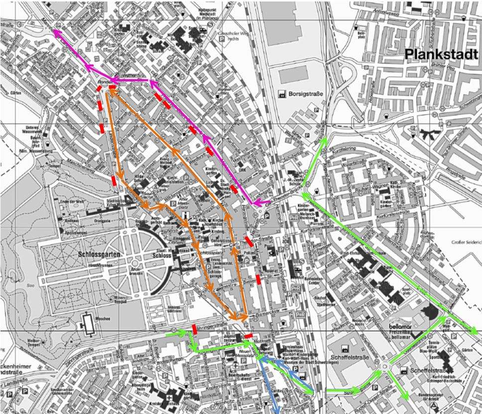 Übersichtsplan Zugverlauf und Sperrungen in der Innenstadt (Quelle: Stadt Schwetzingen)