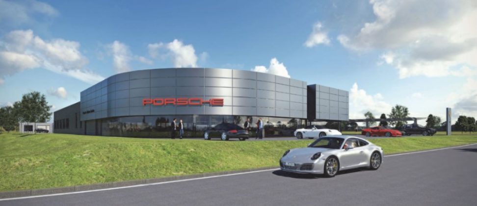 So soll das Porsche-Zentrum im D10, dem Erweiterungsabschnitt des Gewerbeparks „Am Messegelände“, aussehen. (Foto: Dienberg Architekten GmbH Gelsenkirchen)