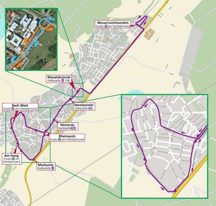 Der Fahrweg der SEV-Busse während des Fasnachtsumzuges in Forchheim (Grafik: VBK) Der Fahrweg der SEV-Busse während des Fasnachtsumzuges in Forchheim (Grafik: VBK)
