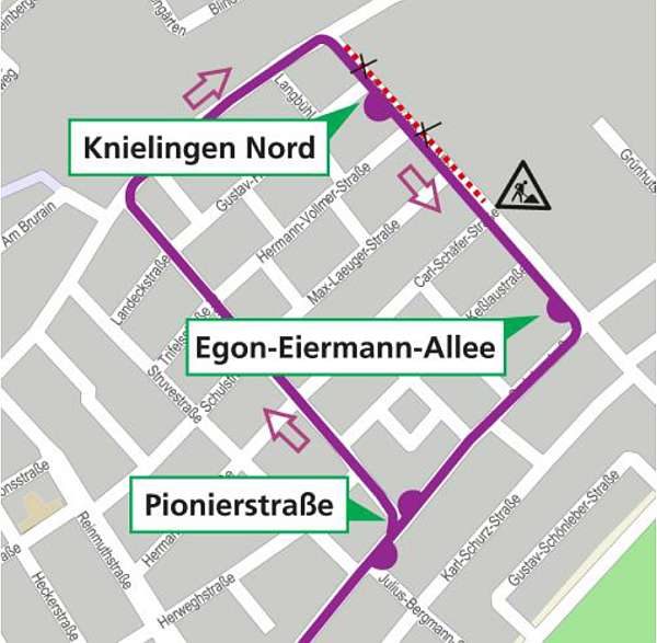 Die Umleitungsstrecke der Buslinie 76 (Grafik: VBK) Die Umleitungsstrecke der Buslinie 76 (Grafik: VBK)