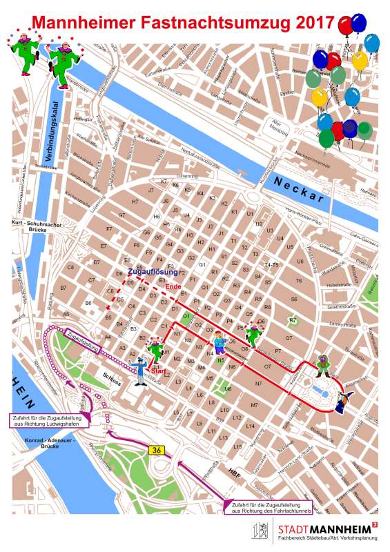 Route des Fasnachtsumzugs 2017 (Quelle: Stadt Mannheim) Route des Fasnachtsumzugs 2017 (Quelle: Stadt Mannheim)