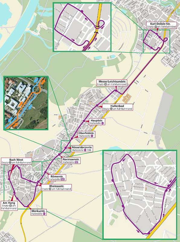 Fahrweg des SEV während der Streckensperrung für die Linie S2 vom 12. auf den 13. Februar (Grafik: VBK)