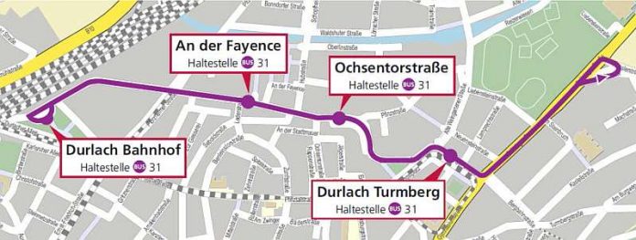 Die Route der SEV-Busse während des Fanachtsumzuges in Durlach (Grafik: VBK)
