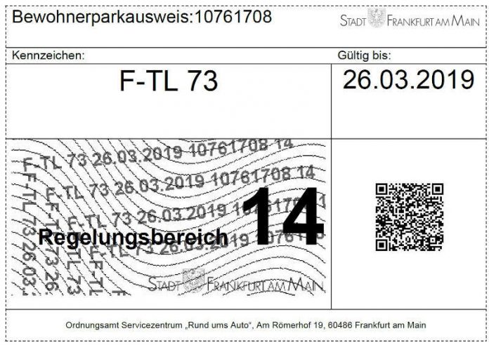 Muster Bewohnerparkausweis (Quelle: Stadt Frankfurt)