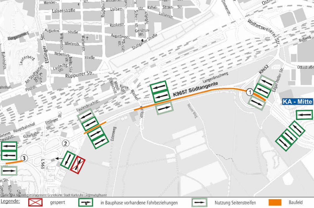 Das anstehende Südtangenten-Baufeld zur Erneuerung der Asphalt-Deckschicht auf der Südfahrbahn und Hinweise, wie wohin gefahren werden kann. (Grafik: TBA)