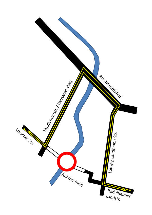 Umleitungsskizze Vollsperrung Niddabrücke (Grafik: Stadt Frankfurt) Umleitungsskizze Vollsperrung Niddabrücke (Grafik: Stadt Frankfurt)