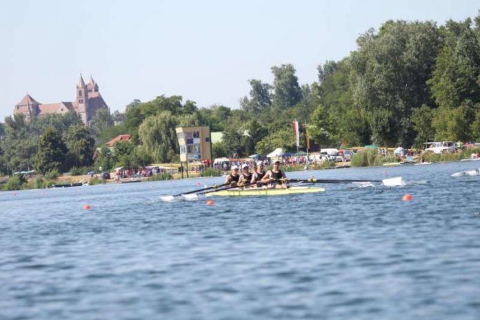 Breisacher Regattapanorama mit Zielturm und Münster (Foto: Breisacher Ruderverein/Hansjörg Käufer)