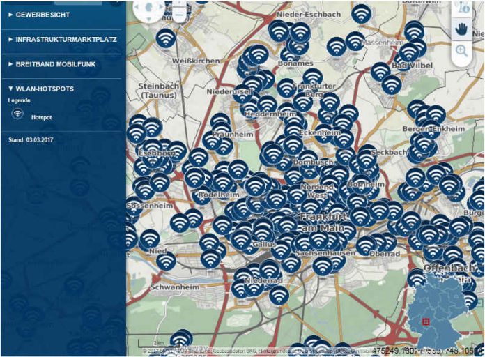 Screenshot der Internetseite zu den in Frankfurt verfügbaren WLAN-Hotspots (Quelle: BMVI) Screenshot der Internetseite zu den in Frankfurt verfügbaren WLAN-Hotspots (Quelle: BMVI)
