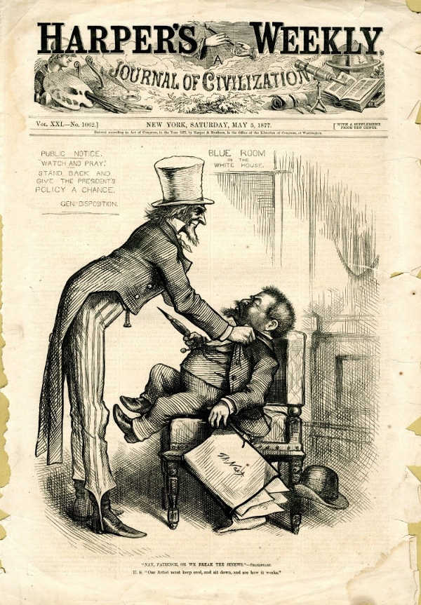 Karikatur mit einem Selbstporträt von Thomas Nast, die im Zusammenhang mit dem Antritt des neuen Präsidenten 1877 stand.