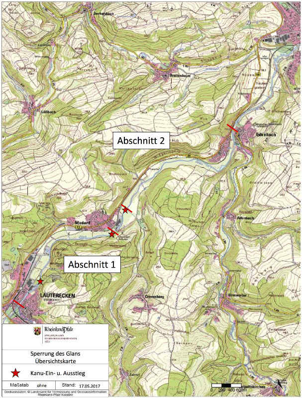 Lageplan mit Kanu-Ein- und Ausstiegspunkten (Quelle: SGD Süd)