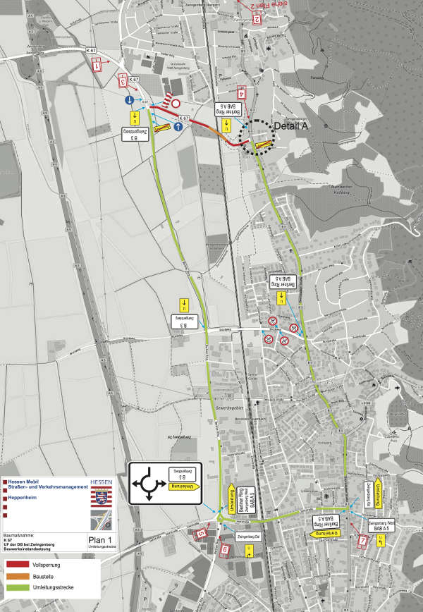 Die Umleitung erfolgt ab Zwingenberg über die B 3 bis Bensheim-Auerbach, dann über die Saarstraße und den Berliner Ring zurück zur K 67 (Quelle: Hessen Mobil)