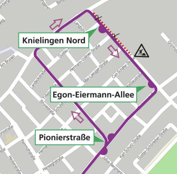 Umleitungsroute der Buslinie 76 vom 6. bis 9. Juni 2017 (Quelle: VBK) Umleitungsroute der Buslinie 76 vom 6. bis 9. Juni 2017 (Quelle: VBK)