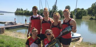 Ken Pfeiffer, Carola Schmidt, Katinka Hofmann, Sarah Brüßler (hintere Reihe), Maya Miller und Sophie Speck (vorne kniend) überzeugten in Piestany (Foto: Rheinbrüder/Bechtold)