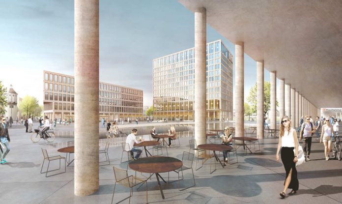 Der Blick aus der Stadtloggia nach Westen auf den Bahnhofsvorplatz Süd im Siegerentwurf von Winking Froh Architekten BDA. (Foto: Winking Froh Architekten BDA)