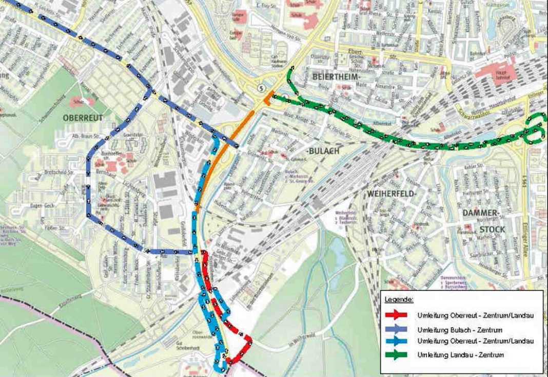 Umleitung aufgrund der Bauarbeiten auf der L 605 (Grafik: Tiefbauamt Karlsruhe)