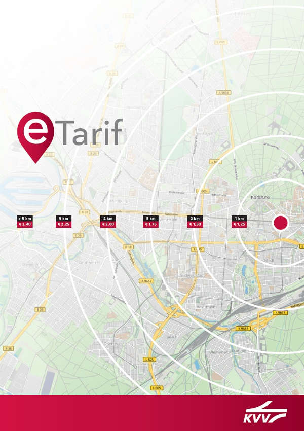 Transparent und kostengünstig wird beim neuen eTarif des KVV der Preis auf Basis der Luftlinie zwischen Start und Ziel berechnet (Grafik: KVV)