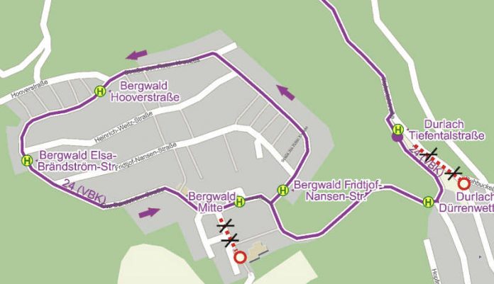 Fahrstrecke der Buslinie 24 während der „Bergdorfmeile 2017“ am 14. Juli (Grafik: VBK) Fahrstrecke der Buslinie 24 während der „Bergdorfmeile 2017“ am 14. Juli (Grafik: VBK)